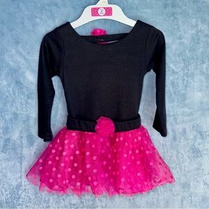 EUC Surprise pink tutu dress, belt with tulle rose details, long sleeve